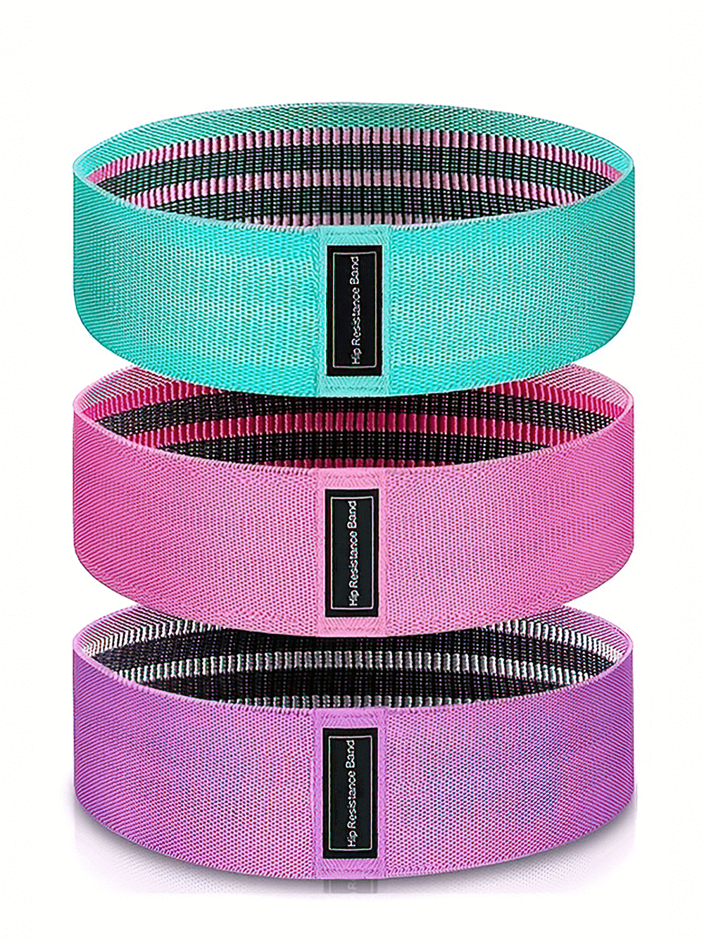 3pcs fabric resistance bands set in green, pink, and purple for glutes and thighs training, ideal for squats and fitness workouts.